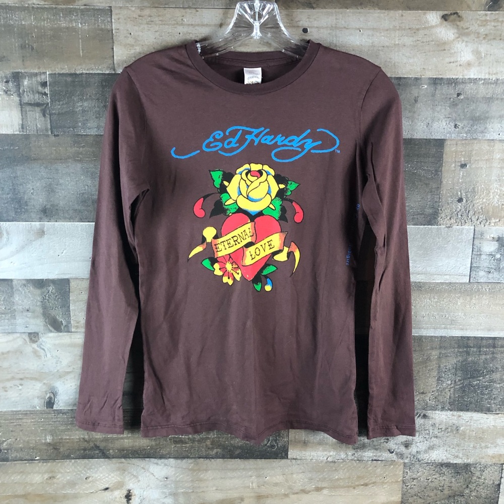 NWT Y2K Ed Hardy Eternal Love Long Sleeve Brown Top Small